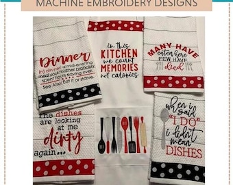 Funny Kitchen Sayings Embroidery Designs – Set of Five Humorous Towel Designs (5x7 & 6x10 Hoop)