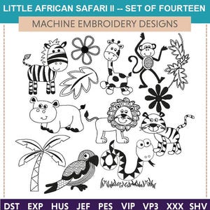 African Safari Machine Embroidery Designs: Animals, Plants (Set of 14)