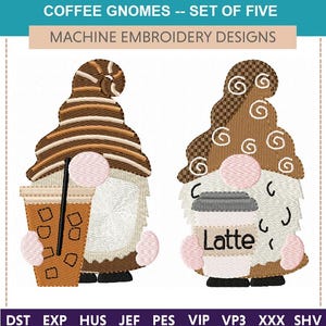 May include: Machine embroidery designs featuring two coffee gnomes. One gnome holds an iced coffee, the other a latte. The gnomes have brown and white hats, pink noses and ears, and white beards. The text "COFFEE GNOMES -- SET OF FIVE" is at the top.