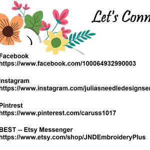 May include: A graphic with the text "Let's Connect" and social media icons for Facebook, Instagram, Pinterest, and Etsy Messenger. Each icon has a corresponding URL for easy access to the seller's online presence.