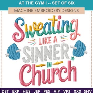 At The Gym I "Machine Embroidery Designs" (Set of Six) fitness, fit, exercise, dumbbells, gym, workout, treadmill, weights, physical fitness