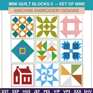 Mini Quilt Blocks II &quot;Machine Embroidery Design&quot; (Set Of Nine) doll, magnets, quilting, long arm, pattern, miniature, bear paw, schoolhouse
