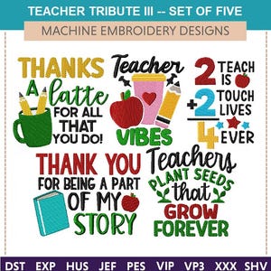 Teacher Tribute Machine Embroidery Designs: Set of Five (4x4 & 5x7)