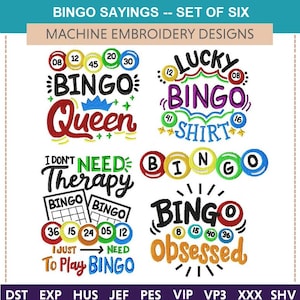 Bingo dictons I « Motifs de broderie machine » (lot de cinq) porte-bonheur, machines à sous, reine, boules, nombre, divertissement, amusement, sweat-shirt, obsédé, haut