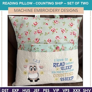 May include: A reading pillow with a floral pattern and a pocket. The pillow features an embroidered sheep design with the text "I love to READ before SLEEP. It's more fun than COUNTING SHEEP." The pillow is part of a set of two.