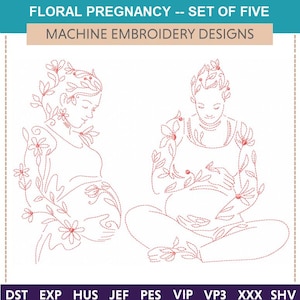 Pode incluir: Desenhos de bordado à máquina com duas ilustrações de figuras grávidas adornadas com padrões florais. O texto no topo diz "FLORAL PREGNANCY -- SET OF FIVE MACHINE EMBROIDERY DESIGNS."