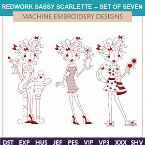 Peut inclure: Ensemble de sept motifs de broderie machine en point de croix rouge représentant une femme élégante dans différentes poses. Les motifs comprennent une femme tenant un verre à martini, une femme tenant une fleur et une femme tenant des maracas.