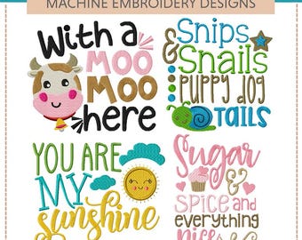 Puede incluir: Un conjunto de cuatro diseños de bordado a máquina titulados NURSERY RHYMES III. Los diseños presentan texto colorido e ilustraciones que incluyen una vaca, un caracol, un sol con nubes y un cupcake, con los formatos de archivo listados abajo.