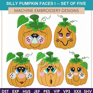 May include: Five machine embroidery designs of silly pumpkin faces. Each pumpkin is orange with a green stem and leaves. The faces have different expressions, including happy, sad, and surprised.