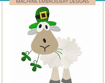May include: Machine embroidery design of a white sheep wearing a green shamrock hat with a gold buckle. The sheep is holding two green shamrocks in its mouth. The design is titled "Ewe St. Patrick's Day -- Set of Two".