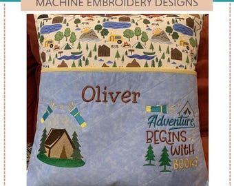 Camping Fun machineborduurontwerpen: leeskussen appliqué (4 x 4 en 5 x 7) (set van twee)