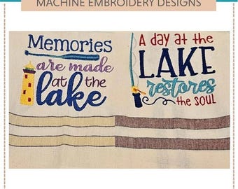 Amor ao Lago I -- Desenhos para Bordado: Conjunto de Cinco (5x7 e 6x10) Memórias são criadas no lago, férias de verão, passeios de barco, farol, bolsas ecológicas