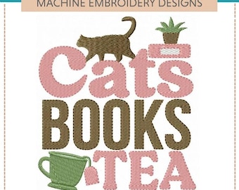 Cats, Books & Tea Machine Embroidery Designs (Set of Six)