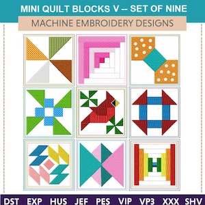 Może przedstawiać: Dziewięć kolorowych wzorów bloków patchworkowych do haftu maszynowego. Wzory obejmują wiatraczek, kardynała, domek z bali i wiele innych.