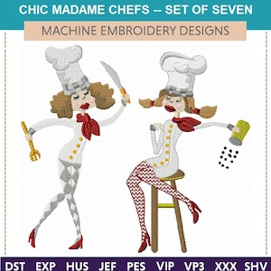 Könnte beinhalten: Zwei Cartoon-Köche, einer mit einem Messer und der andere mit einem Salzstreuer, mit rot-weißen Kochmützen und rot-weißen gestreiften Strümpfen. Der Text "CHIC MADAME CHEFS -- SET OF SEVEN" und "MACHINE EMBROIDERY DESIGNS" befindet sich oben im Bild. Der Text "DST EXP HUS JEF PES VIP VP3 XXX SHV" befindet sich unten im Bild.