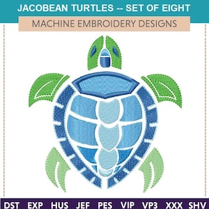 May include: Machine embroidery design set featuring eight stylized turtles. The turtles are in shades of blue and green, with detailed stitching. The design includes the text "JACOBEAN TURTLES -- SET OF EIGHT" and "MACHINE EMBROIDERY DESIGNS".