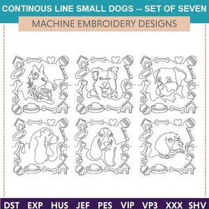 Puede incluir: Conjunto de siete dibujos de perros pequeños en línea continua, cada perro está rodeado por un borde de objetos relacionados con perros como huesos, casetas y cuencos de comida. Los diseños son para bordado a máquina.