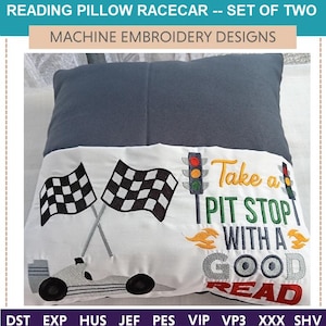 Race Car Driving Reading Pillow -- Machine Embroidery Designs (Set Of Two) Free tutorial included. Children gifts & market hot sellers. ZOOM