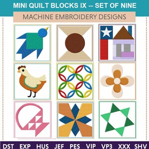 Mini Quilt Blocks IX -- Machine Embroidery Design: Set of Nine (2x2, 3x3 & 4x4) Perfect for doll quilts, magnets, key fobs and more.