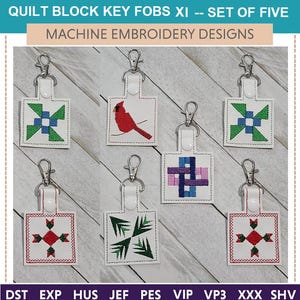 May include: Set of five machine embroidery designs for quilt block key fobs. The designs include a cardinal, a pinwheel, a cross, a pine tree, and a star. The designs are all in different colors and are perfect for adding a touch of personality to your keys.