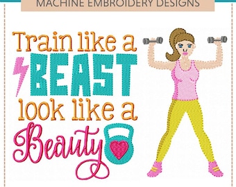 Mettiti in forma I - Disegni per ricamo a macchina (set di dieci) Citazioni motivazionali sul fitness, esercizio fisico, salute, allenamento, rossetto e affondi, bellezza