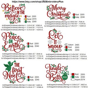 May include: An image featuring various Christmas-themed embroidery designs. The designs include phrases like "Believe in the magic," "Merry Christmas," and "Peace on Earth," along with other festive elements. The designs are in red, green, and white.