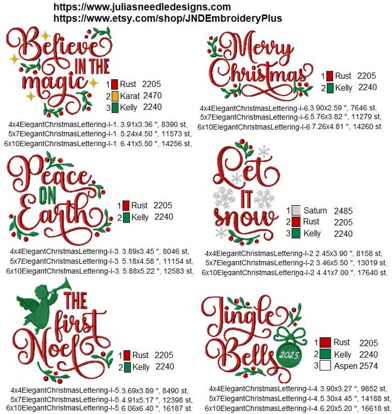 May include: An image featuring various Christmas-themed embroidery designs. The designs include phrases like "Believe in the magic," "Merry Christmas," and "Peace on Earth," along with other festive elements. The designs are in red, green, and white.