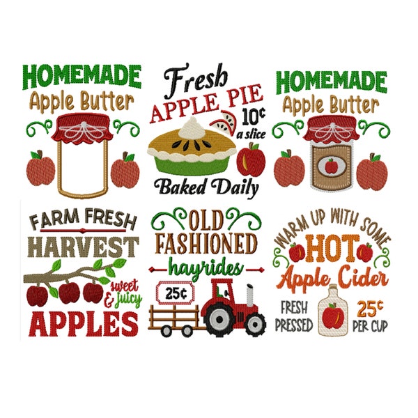 Apple Market Days "Machine Embroidery Designs" (Full Set OF Six) Hoop Size 5x7 and 6x10 Formats dst, exp, xxx, jef, hus, shv, pes, vip, vp3