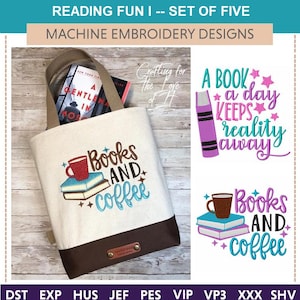 Läskul I "Maskinbroderimönster" (Set om fem) läsning, utbildning, bok, bibliotek, sylt, bokmärke, tygväska, böcker och kaffe, bokmal