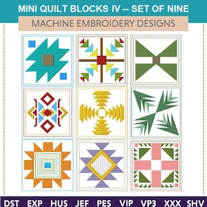 Puede incluir: Nueve diseños de bordado de bloques de colcha coloridos en varios estilos, incluidos patrones geométricos, florales y tradicionales. Los diseños están etiquetados con los formatos de archivo DST, EXP, HUS, JEF, PES, VIP, VP3, XXX y SHV.