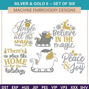 Silber & Gold Weihnachten II ""Maschinenstickdatei"" (Set Of Six) Schlitten, Applikation, Glöckchen, Tasche, Peace, Freude, Feiertage, Grüße, Magie."