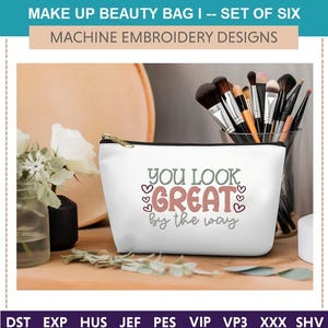 Neceser de maquillaje I "Diseños de bordado a máquina" (juego de seis) maquillaje, delineador de ojos, cartera, lápiz labial, pestañas, pincel, rímel, base, colorete