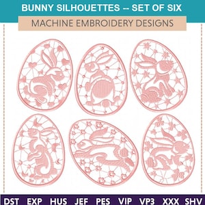 Könnte beinhalten: Sechs rosa Hasensilhouetten in Form von Ostereiern. Die Hasen sind weiß umrandet und haben ein Spitzenmuster. Der Text "BUNNY SILHOUETTES -- SET OF SIX" und "MACHINE EMBROIDERY DESIGNS" befindet sich oben im Bild. Der Text "DST EXP HUS JEF PES VIP VP3 XXX SHV" befindet sich unten im Bild.