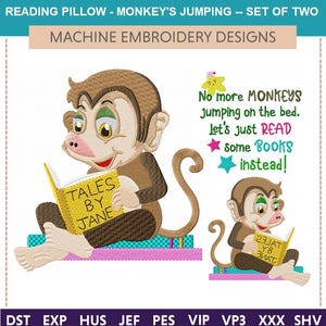 May include: Machine embroidery design set with two monkey illustrations. One monkey reads "TALES BY JANE" from a yellow book. The other monkey reads a book with the text "23 JAT Y8 ЗИАТ". Text above the monkeys reads "No more MONKEYS jumping on the bed. Let's just READ some BOOKS instead!"