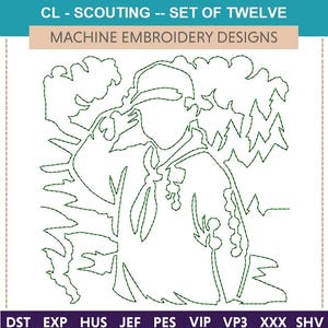 Continuous Line Scouting &quot;Machine Embroidery Designs&quot; (Set Of Twelve) quilting, guide, cub scout, boy scout, eagle scout, badge, camping,