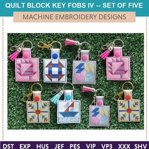 Mini Quilt Blocks Key Fobs IV -- Machine Embroidery Designs (Set of Five) Exclusive designs. Perfect for gifting. Quilt retreats and shows.