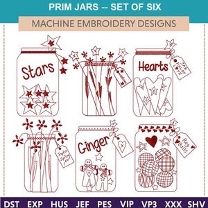 May include: Six machine embroidery designs of mason jars with different themes. The jars are filled with stars, hearts, flowers, gingerbread people, and rag balls. Each jar has a tag with a different saying. The designs are in red thread on a white background.
