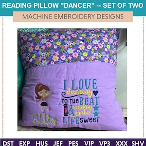 May include: Purple reading pillow with a pocket and embroidered design. The design features a girl dancing with the text "I love dancing to the beat & reading makes life sweet" and the name "Ellie".