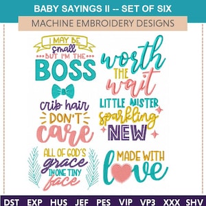 Baby Sayings II &#39;Machineborduurontwerp&#39; (set van zes ontwerpen), grappig en humoristisch. Geweldig voor slabbetjes, wieg, fles, pasgeboren baby, ouders