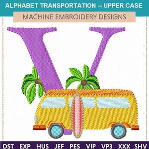 Diseños de bordado a máquina de transporte del alfabeto (juego de 26 letras): camioneta, camión de bomberos, letras, niños, tractor, avión, nave espacial