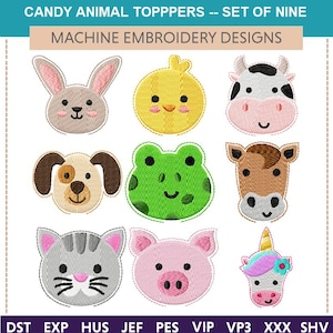 May include: Nine machine embroidery designs featuring cute cartoon animal faces. The animals include a bunny, chick, cow, dog, frog, horse, cat, pig, and unicorn. The designs are ideal for adding a touch of whimsy to any project.