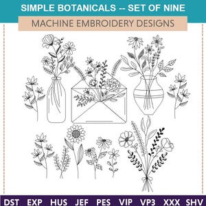 Diseños de bordado a máquina de Simple Botanicals (juego completo de cinco) floral, línea simple, minimalista, jarrón, letra de flor, flores silvestres