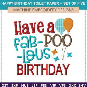 Carta igienica "Buon compleanno" "Disegni da ricamo a macchina" (set di cinque) Cacca, escrementi, carta igienica, gabinetto, regalo scherzoso, umorismo da bagno, festa, cucito veloce