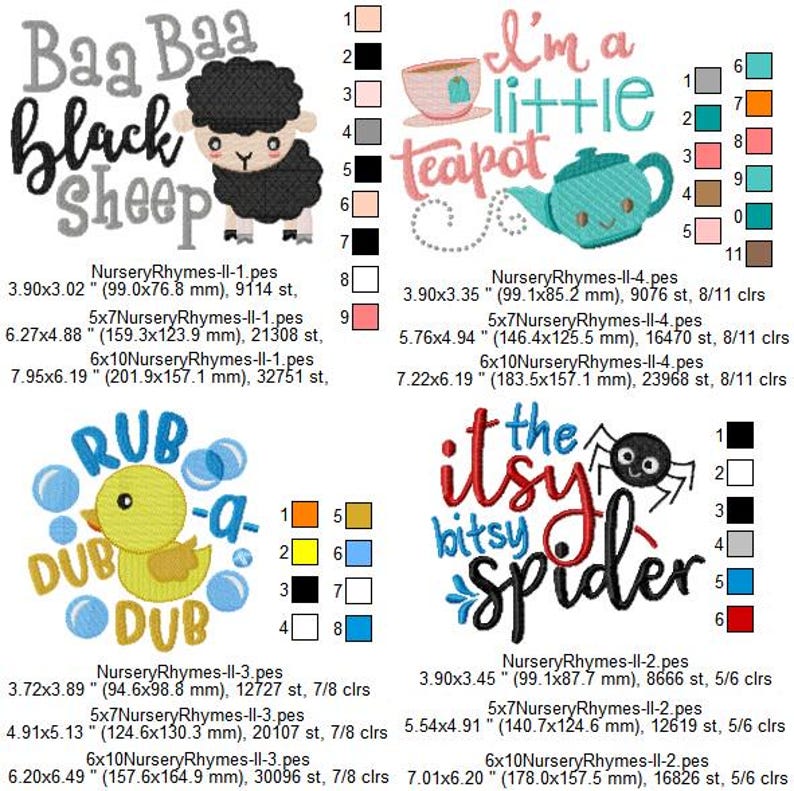 Nursery Rhymes II -- Machine Embroidery Design: Set of Four (4x4, 5x7 ...