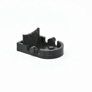 May include: Black plastic 3D printed part with a rounded edge and a small hole on the side.