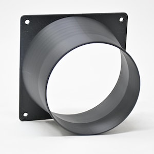 May include: A black plastic square vent with a round opening. The vent has four screw holes on the square side.