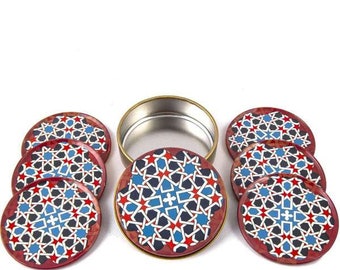 Drink Coaster Trivet Absorbent Round Turkish Ottoman Iznel Metal Ornate Hand Crafted 6 Piece Gift with Case 3.5-inch Diameter Red Blue Star