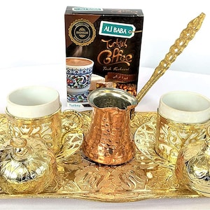 Turkish Gold Coffee Set Gift with 1 Zamak Tray, 2 Coffee Cups (2.5 oz), 2 Zamak Sleeves for Coffee Cups & 1 Coffee Pot with 100gr Coffee