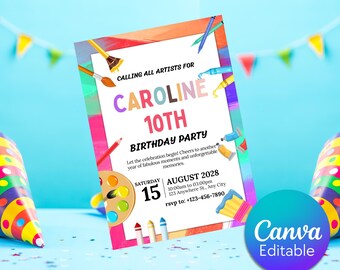 Invitación de cumpleaños con crayones, invitación editable para fiesta artística (descarga digital)