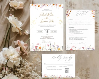 Summer Wildflower Wedding Invitation Set, Editable Floral Template (QR Code)